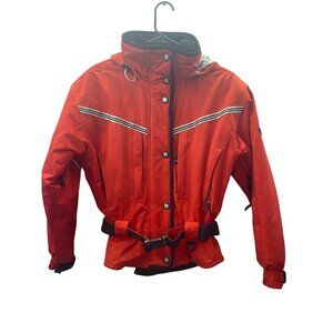 Vintage Obermeyer Women's Size 6 Red & Black Hooded Belted Ski Jacket w/ Pockets